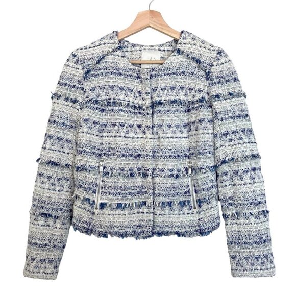 JOIE Tesita Fringed Woven Boucle Crop Zip Front Jacket Blue & Ivory - Picture 8 of 16
